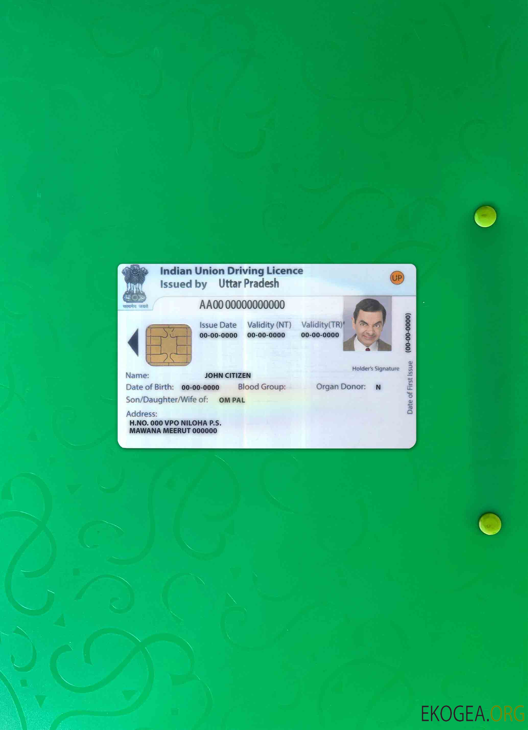 Photolook du permis de conduire de l'Union indienne AVANT